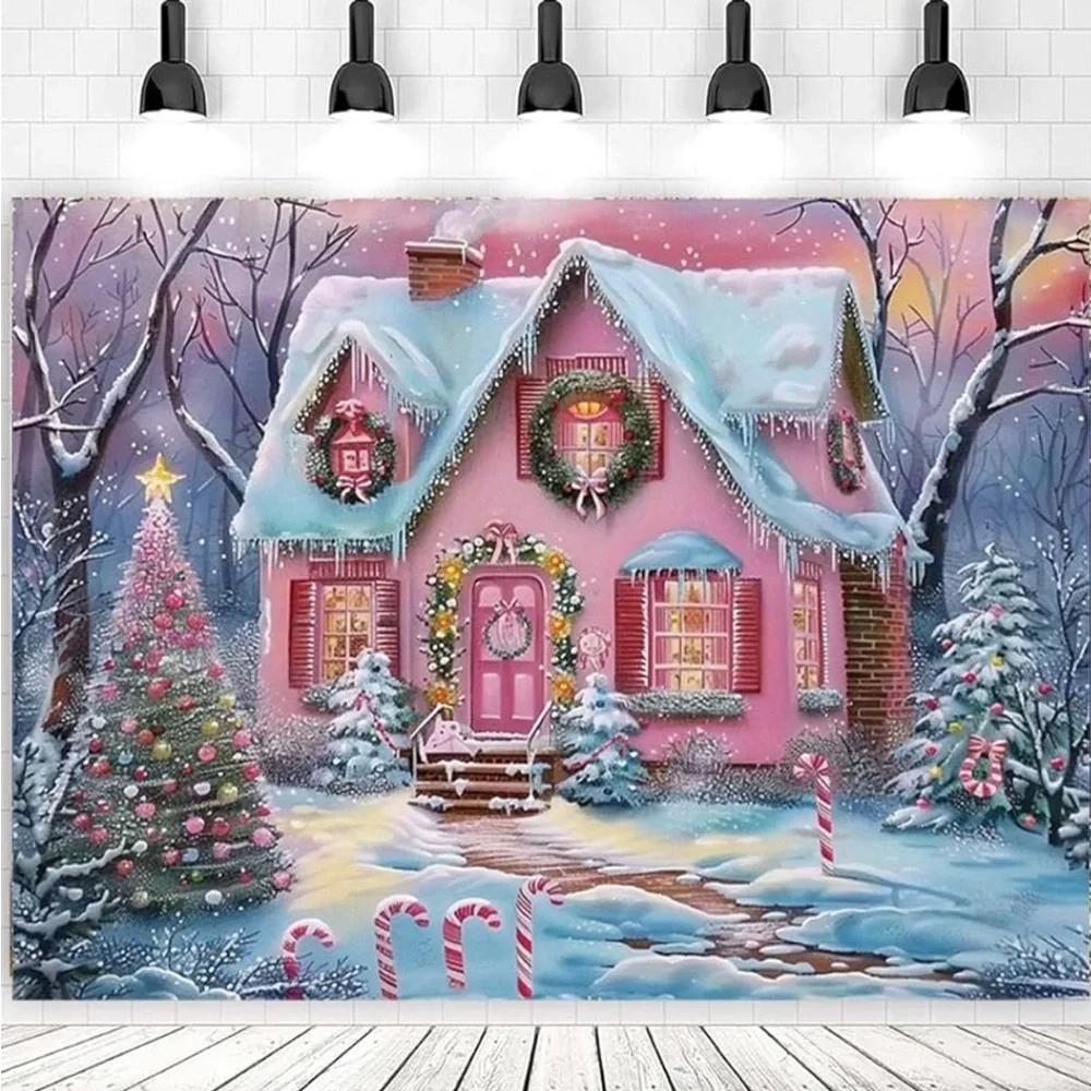 Pink Merry Christmas Gingerbread House Backdrop,5 x 7